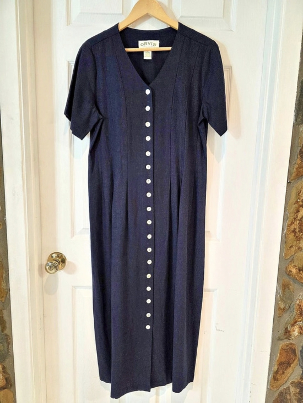Orvis Navy Linen Blend Button Front Shirt Dress Womens 10 Like New
